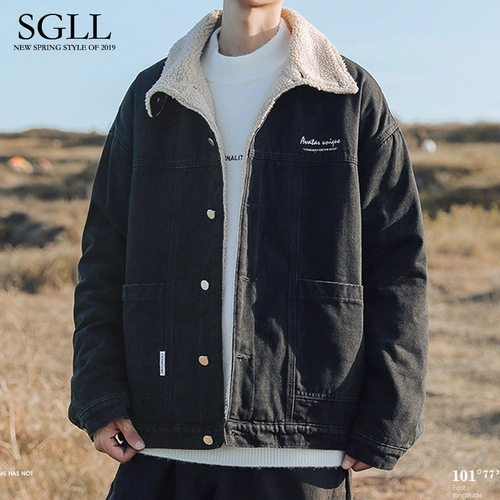 Мужская джинсовая бархатная утепленная куртка, утепленный пуховик, в американском стиле