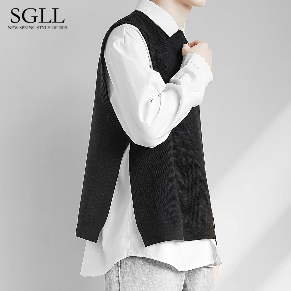 Personality Knit Machia Men Fall New Loose Korean Version Trend Pure Color Loose Sweater 100 Hitch Side Open Undershirt