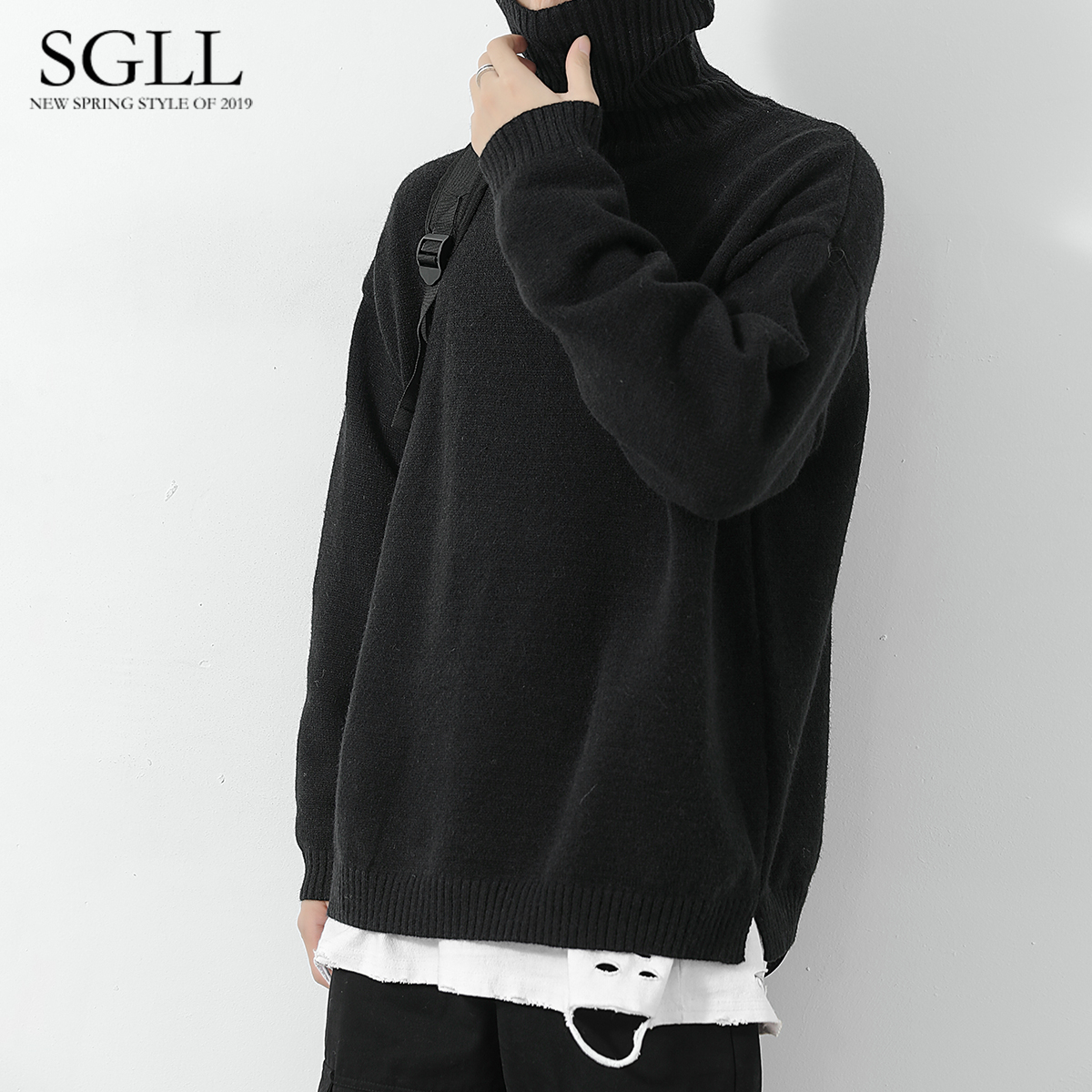 High collar sweater Men's loose thickened jacket Korean version trendy personality hit undershirt autumn and winter men's clothing Hygienic Clothing-knitted sweatshirt