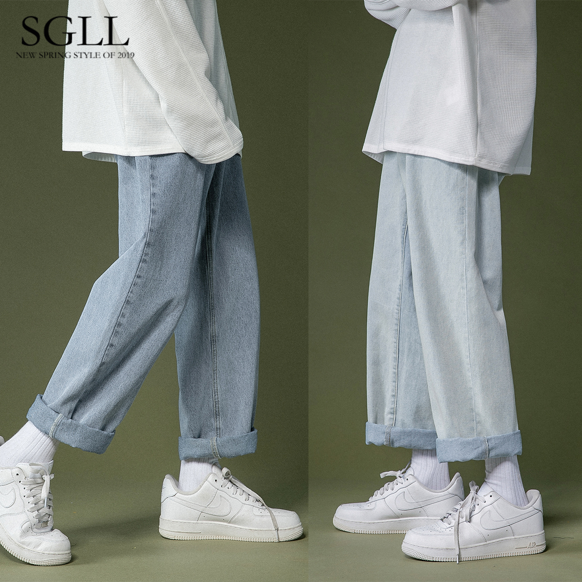 Light-colored jeans Men Spring and Autumn Nine-pants Different pants Han-Edition Tide-Current Trousers Wide leg casual pants