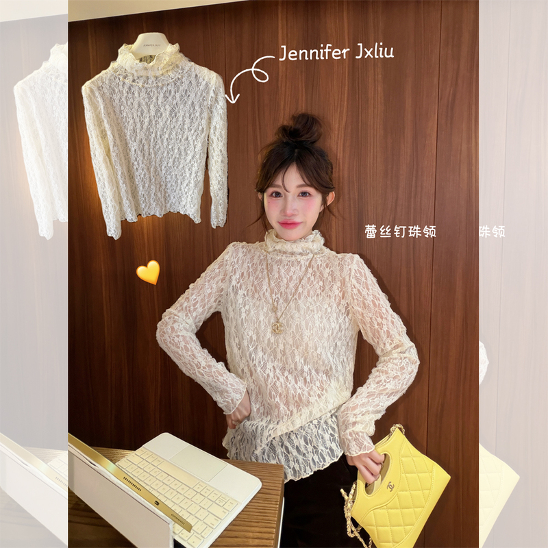 Jennifer Jxliu Fall in Love with Layering^ Stand-Up Collar High-Neck Beaded Cream Apricot Sheer Lace Top Base Shirt