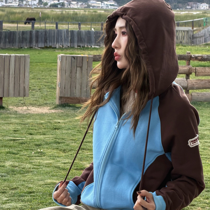 He He's Mint Green Autumn/Winter American Retro Niche Fashion Versatile Color-Block Hooded Sweatshirt Ph5687