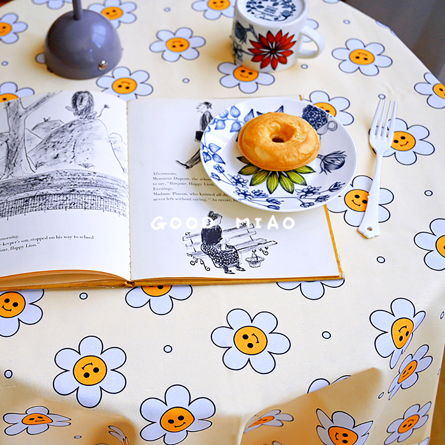 goodmiao) waterproof tablecloth cute smiling face oil-proof cloth tablecloth Korean style ins style long table cotton and linen coating
