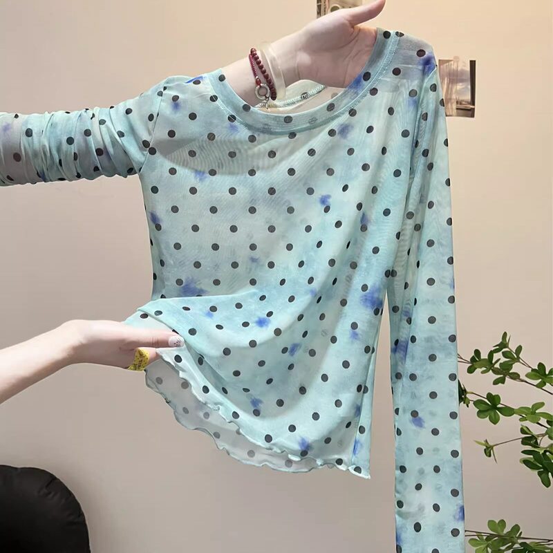 Korean-Style Round-Neck Color-Blocked T-Shirt for Women, Summer Tie-Dye Polka Dot Thin Top with Gradient Print, High-End Long-Sleeve Shirt Korean-Style Round-Neck Color-Blocked T-Shirt for Women, Summer Tie-Dye Polka Dot Thin Top with Gradient Print, High-End Long-Sleeve Shirt