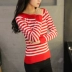 Xuân 2018 phiên bản Hàn Quốc mới của áo dài tay sọc ngang cổ tròn áo thun áo len nữ len đáy cardigan nữ Cardigan