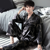 Silk pajamas mens early autumn thin print fashion set Ice Silk long sleeve size loose loose can wear home clothes