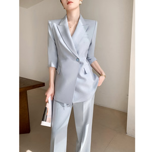 Blue summer suit women's thin section high-end professional temperament three-quarter sleeves commuter wide-leg pants casual suit