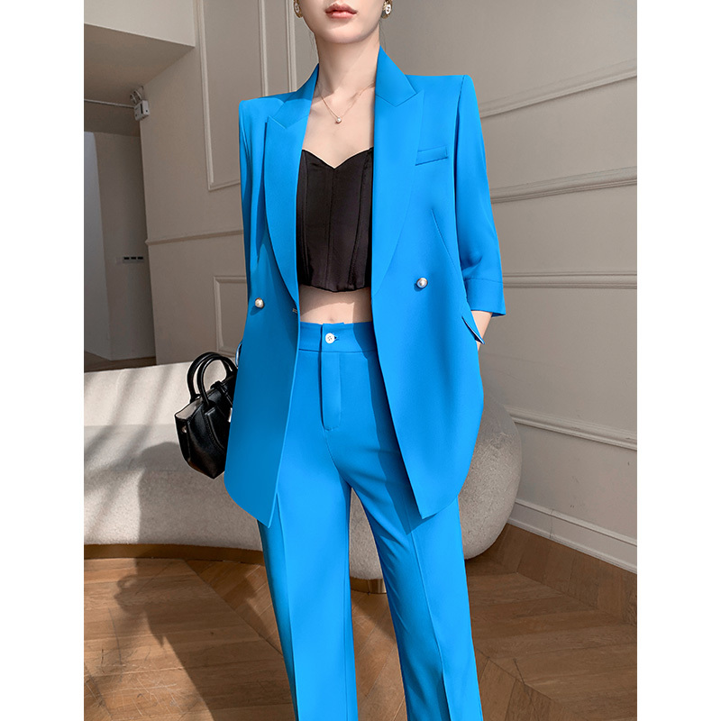 Blue Suit Set for Women, High-End Summer Thin Wide-Leg Pants, Professional Commuting Style, Elegant and Classy Casual Suit Blue Suit Set for Women, High-End Summer Thin Wide-Leg Pants, Professional Commuting Style, Elegant and Classy Casual Suit