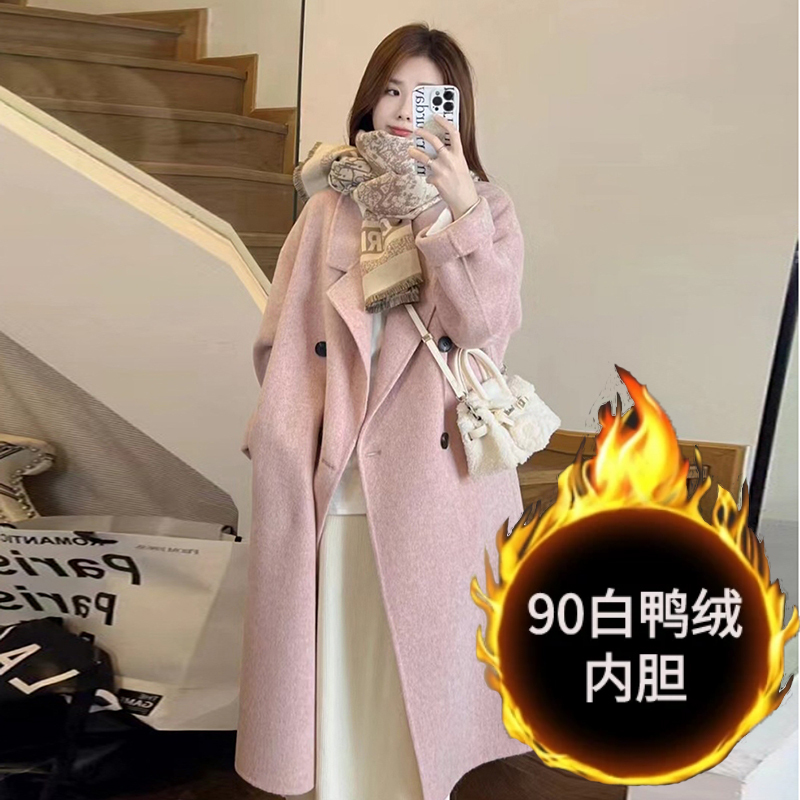 Pink Double-Sided Wool Coat for Women, New Autumn/Winter 2025 Model, with Thick down Lining, Mid-Length, Suitable for Petite Sizes