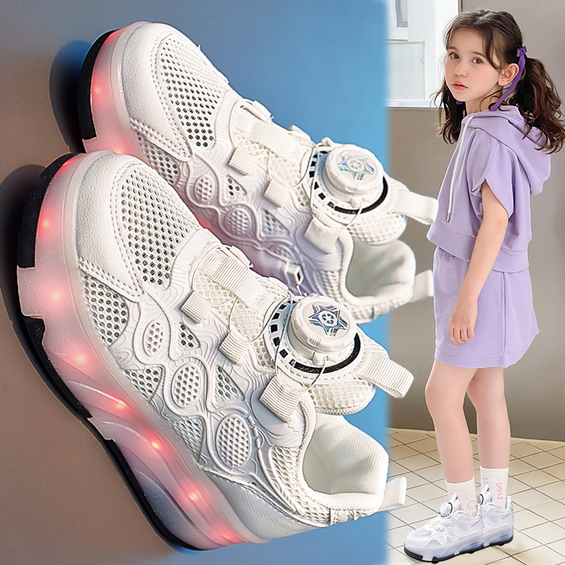 Li Yuxin's Four-Wheel Roller Shoes for Girls, Single Mesh, Breathable, Retractable, Suitable for Elementary School Students, Children's White Roller Skates