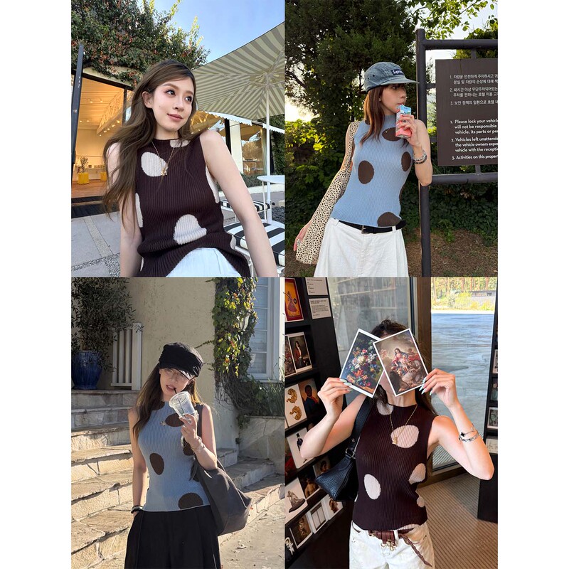 Xzz Charmingl Is a Very Beautiful Color-Contrasting Polka Dot Tencel Linen Knit Vest Xzz Charmingl Is a Very Beautiful Color-Contrasting Polka Dot Tencel Linen Knit Vest