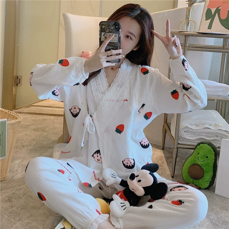 Quần áo bầu dành cho phụ nữ mang thai, trước khi sinh và sau sinh, đồ ngủ kimono sợi cotton nguyên chất, thấm mồ hôi và ngọt ngào phiên bản dịch vụ nhà hộ sinh, cho con bú - Giải trí mặc / Mum mặc