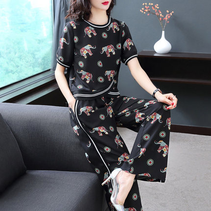 欧美时尚套装女夏2018新款雪纺印花女神阔腿