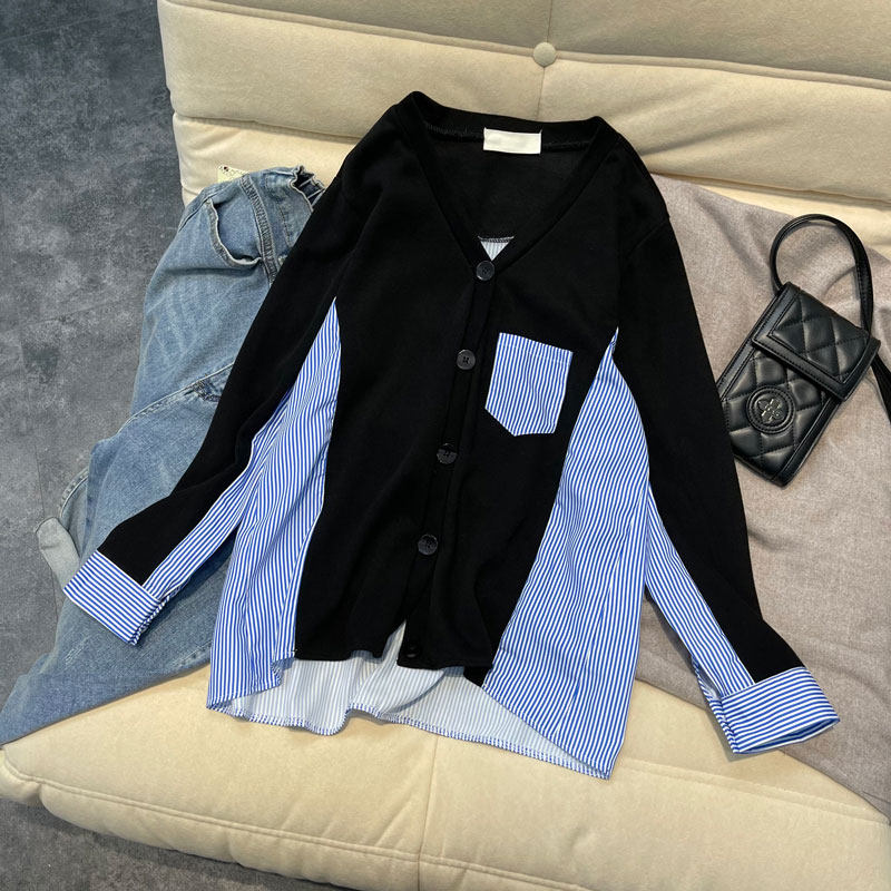 Han edition fat mm striped splicing fake two long sleeve open shirts 2022 new large - size loose and thin coat