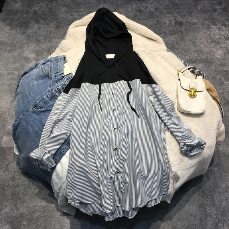 Spring new Korean version large size women's ice silk hooded stitching striped shirt fat mm fashion loose belly cover top