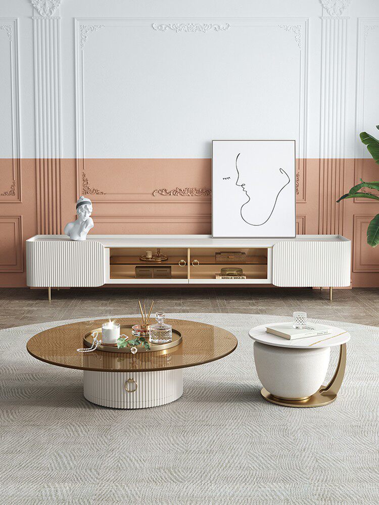 Light luxury round rock board tea table glass Net Red advanced sense Nordic tea table small apartment living room combination tea table