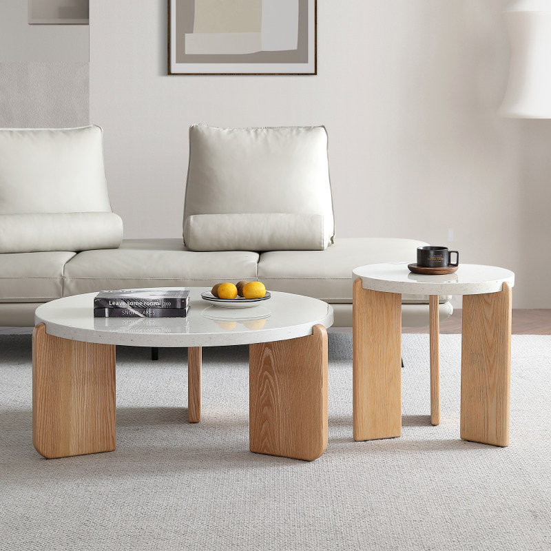 Wabi-sabi terrazzo coffee table modern minimalist solid wood round marble living room home light luxury small apartment small tea table - Taobao