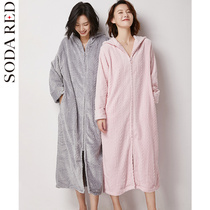 Flannel nightgown Womens spring and autumn hooded coral velvet bathrobe Autumn and winter long thickened warm bathrobe