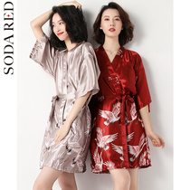 Nightgown womens summer thin sexy bathrobe Red wedding bride morning robe Bridesmaid group ice silk crane pajamas