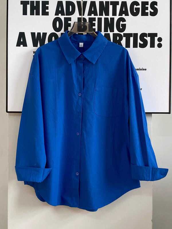 Klein Blue Shirt for Women, Spring and Autumn, Solid Color, Casual, Loose, Versatile, Turn-Down Collar, Layered Long-Sleeve Shirt Jacket, Versatile