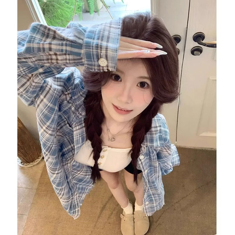 Yellow and Blue Plaid Design Shirt for Men and Women, New Autumn Cardigan, Loose American Retro Unisex Jacket for Couples
