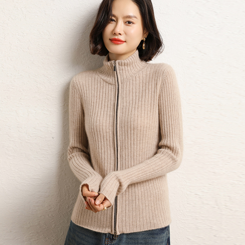 Autumn and Winter Slim-Fit Cashmere Cardigan for Women, Solid Color Cashmere Stand-Up Collar Base Shirt, Double-Zipper Thickened Knitted Sweater for Women