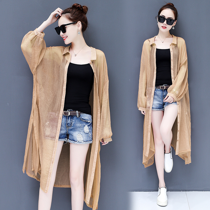 Champagne ApricotSeaside holiday Chiffon Sunscreen shirt female Medium and long term Cardigan Chaoxian Outside smock sandy beach fairy Sunscreen loose coat