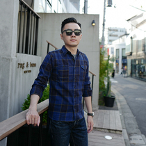 Creek original Japanese retro blue plaid shirt male youth cotton casual slim fit bf click thick shirt tide
