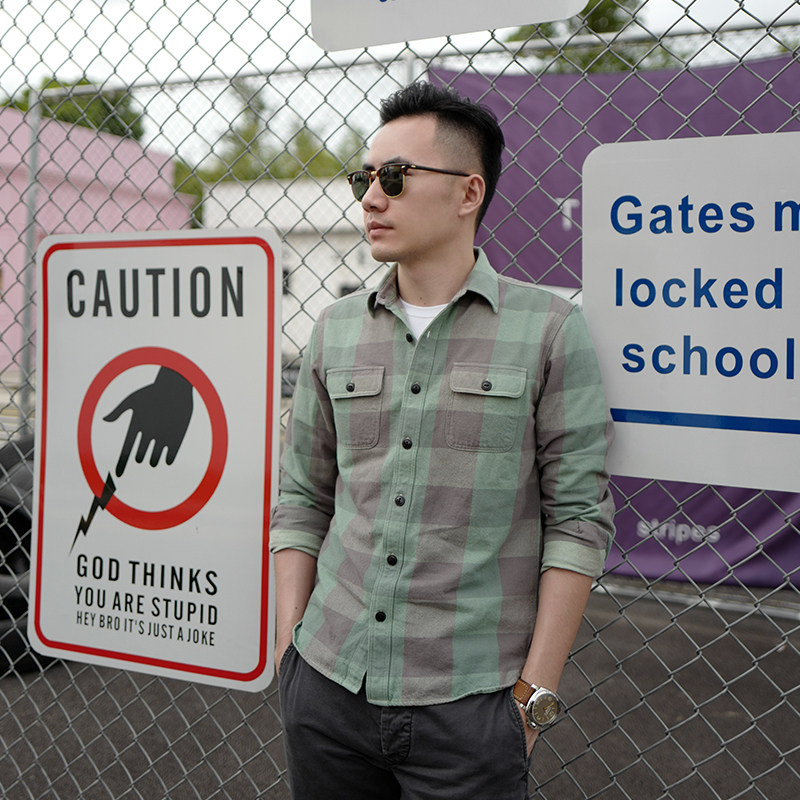 Gray green plaid shirt men's long-sleeved retro casual slim-fit youth shirt autumn and winter new original top jacket