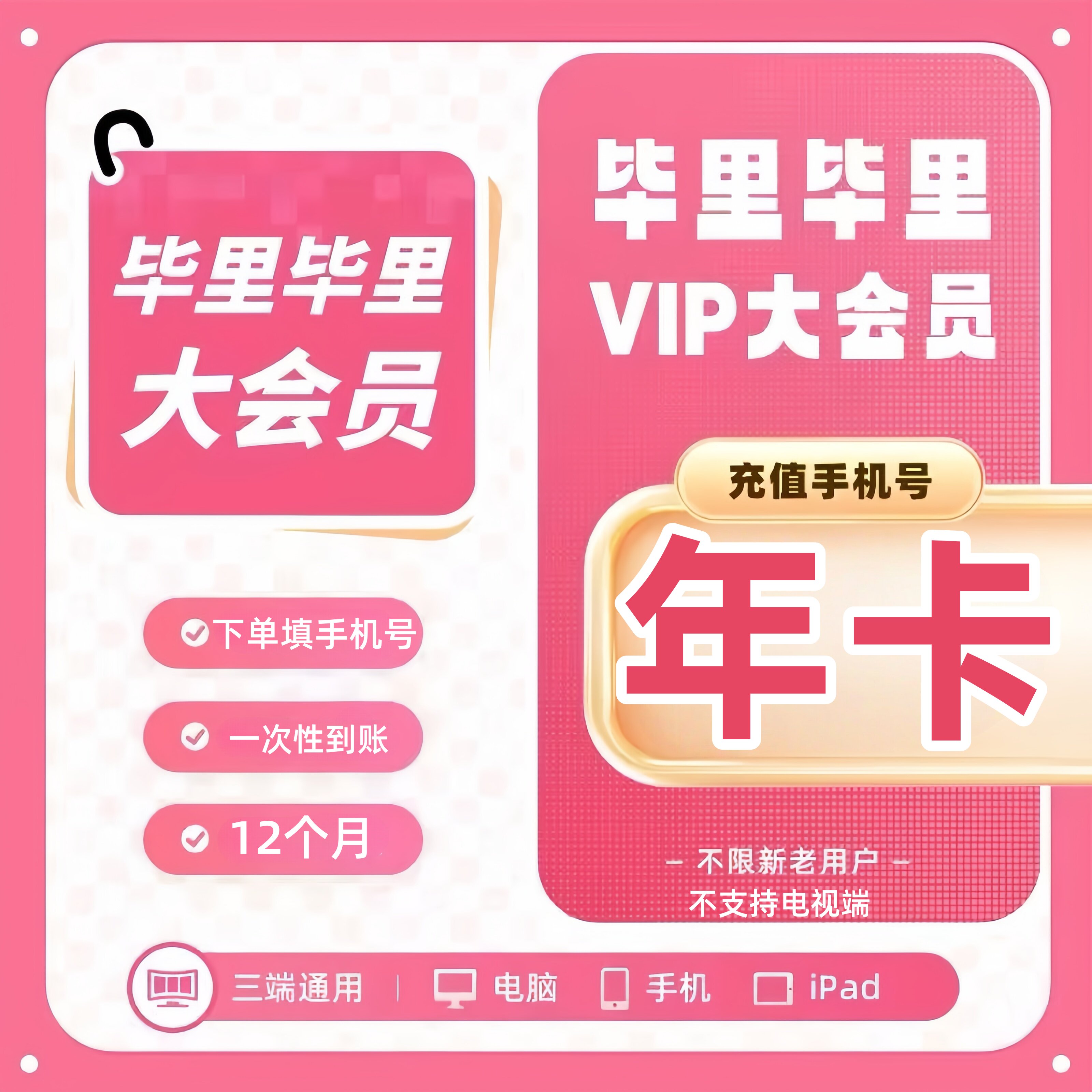 Bilibiliプレミアム会員年間カード、Bilibiliプレミアム会員1年間VIP、Bilibiliプレミアム会員12ヶ月間（週払い）