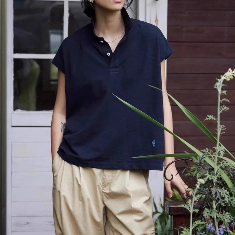 Relaxed French-Style Short-Sleeved Polo Shirt with Lapel, Japanese-Style Small Seahorse Embroidery, Loose Casual Mesh Cotton T-Shirt for Women Relaxed French-Style Short-Sleeved Polo Shirt with Lapel, Japanese-Style Small Seahorse Embroidery, Loose Casual Mesh Cotton T-Shirt for Women