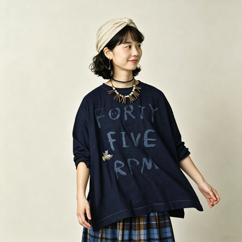 26Th American Retro Style Letter Print Fun Little Donkey Riding a Boat Embroidery Slit Long-Sleeve Slub Cotton Loose T-Shirt
