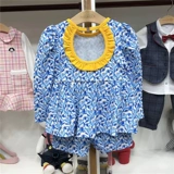 Летний синий лонгслив, купальник, штаны, раздельная шапка, комплект, детская одежда, в цветочек, защита от солнца, 3 предмета