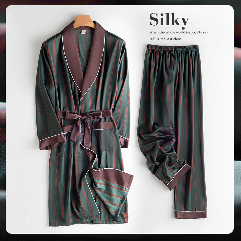 Men's Nightgown Spring and Autumn Ice Silk Thin Pajamas Set High-End Imitation Silk Summer Long Bathrobe Bathrobe for Men