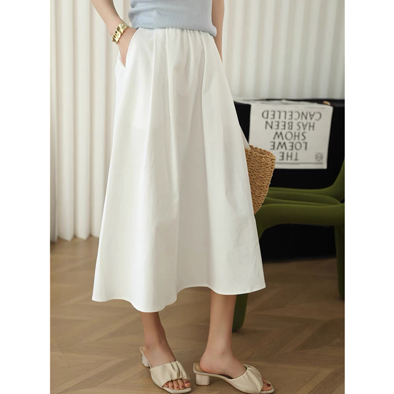 French-Style White Midi Skirt for Pregnant Women, Spring Wear, No Belly Support, Adjustable A-Line Skirt, Stylish and Versatile, Petite Umbrella Skirt