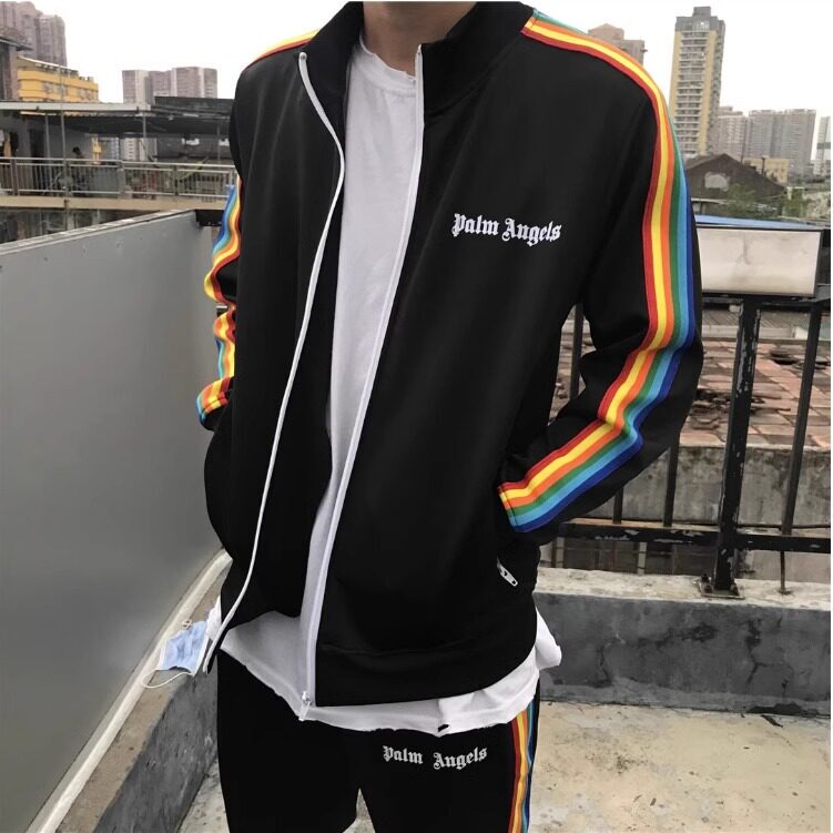 Palm Angels Rainbow Stripe Zip-Up Jacket Unisex Letter Print Casual Jacket and Sweatpants