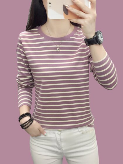 2025新款初秋纯棉长袖t恤女秋衣外穿条纹上衣宽松大码打底衫遮肉