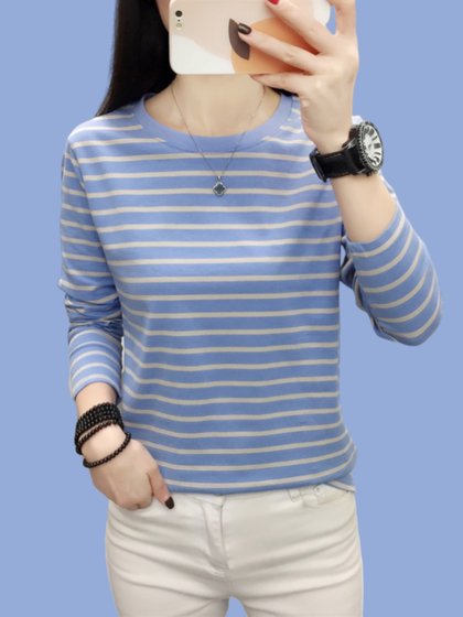 2025新款初秋纯棉长袖t恤女秋衣外穿条纹上衣宽松大码打底衫遮肉