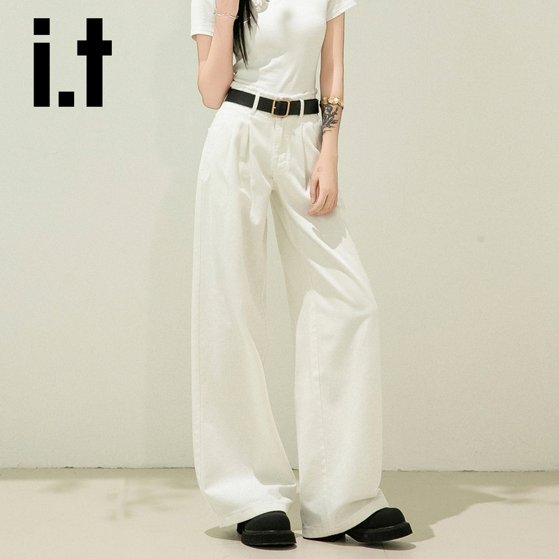It:Chocoolate White Jeans for Women, New Style, Drapey Straight-Leg, Loose Wide-Leg, Off-White Long Pants, High-End