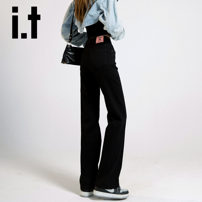 It:Chocoolate Black Slim Straight-Leg Jeans for Women, High-Waisted, Slimming, New Spring and Autumn Wide-Leg Long Pants