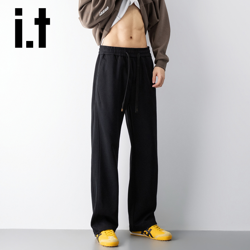 It:Chocoolate Black Pants for Men, Loose American High Street Casual Sports Wide-Leg Straight Sweatpants for Spring