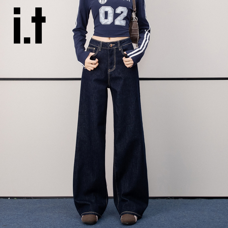 It: Chocoolate Dark Blue Denim Women's Jeans Narrow Wide-Leg Straight Spring and Autumn Blue Slimming Pants It: Chocoolate Dark Blue Denim Women's Jeans Narrow Wide-Leg Straight Spring and Autumn Blue Slimming Pants