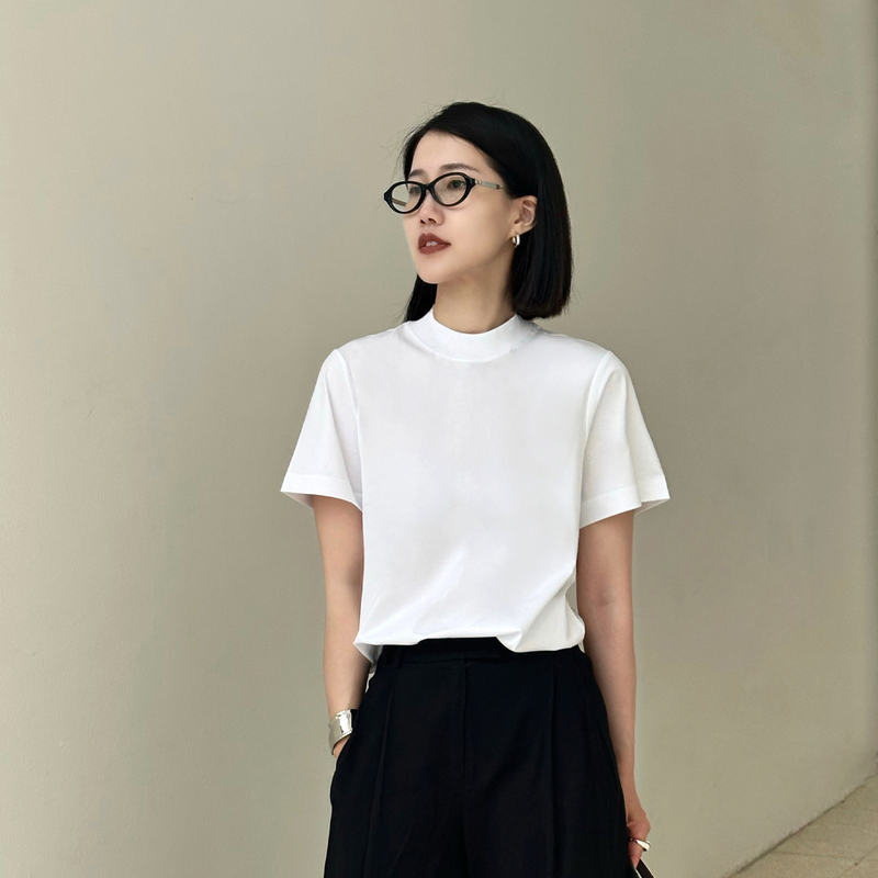 Half-High Collar Cotton-Feel T-Shirt for Women! Summer Loose Casual Pure Cotton Niche Back Seam Design High-End Old Money Style Short Sleeves