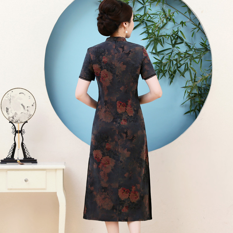 Silk long dress, cheongsam for mother, tulle, mid length, plus size, fitted, 2020 Silk long dress, cheongsam for mother, tulle, mid length, plus size, fitted, 2020