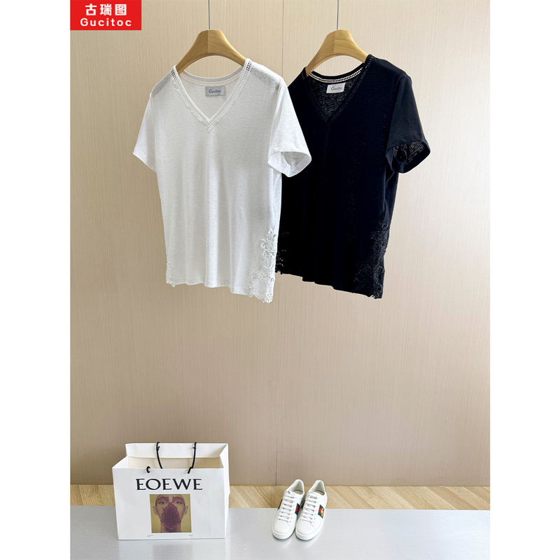 Gucitoc Is Clear and Elegant! Spliced Lace V-Neck Short-Sleeved T-Shirt for Women, New Versatile Top for Spring and Summer 26