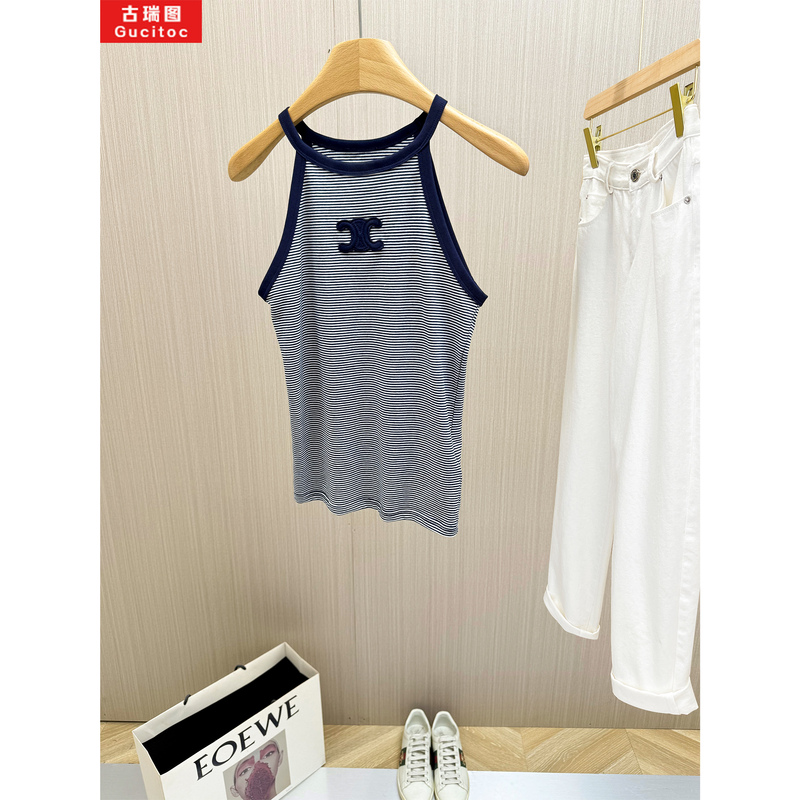 Gucitoc Sweet and Cool Girl! Arc De Triomphe Striped Knitted Sleeveless Vest for Women, New Summer Slim-Fit Base Shirt