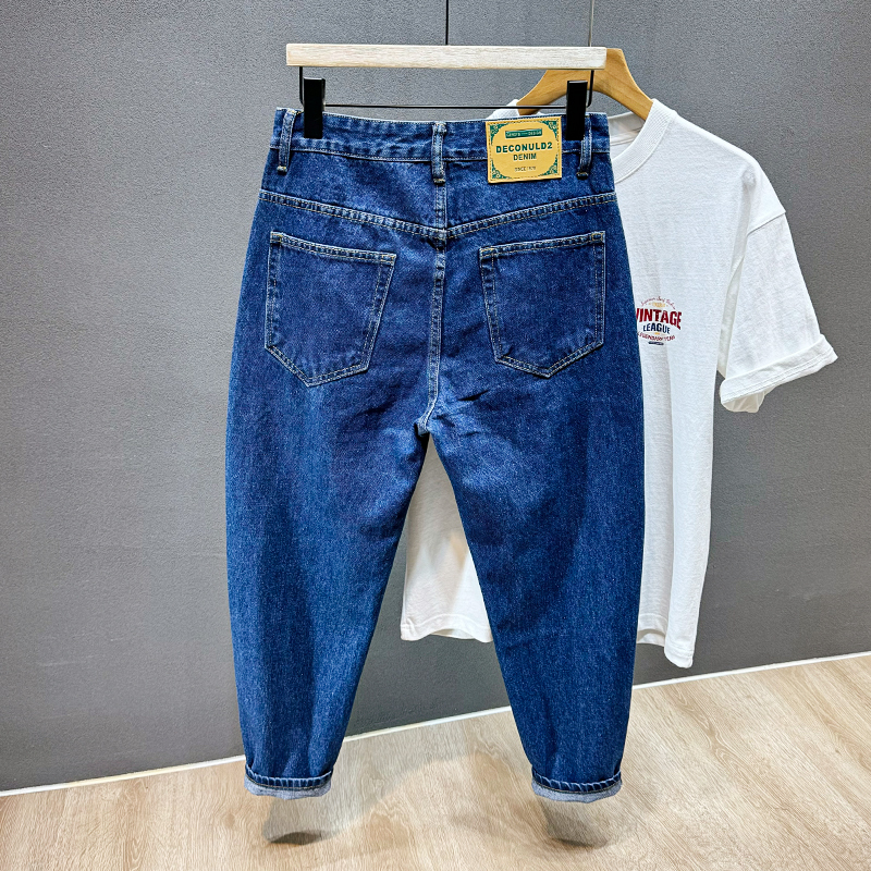 Hong Kong Trendy Brand Blue Classic Loose Tapered Cropped Jeans Men's Harem Dad Carrot Pants Casual Washed