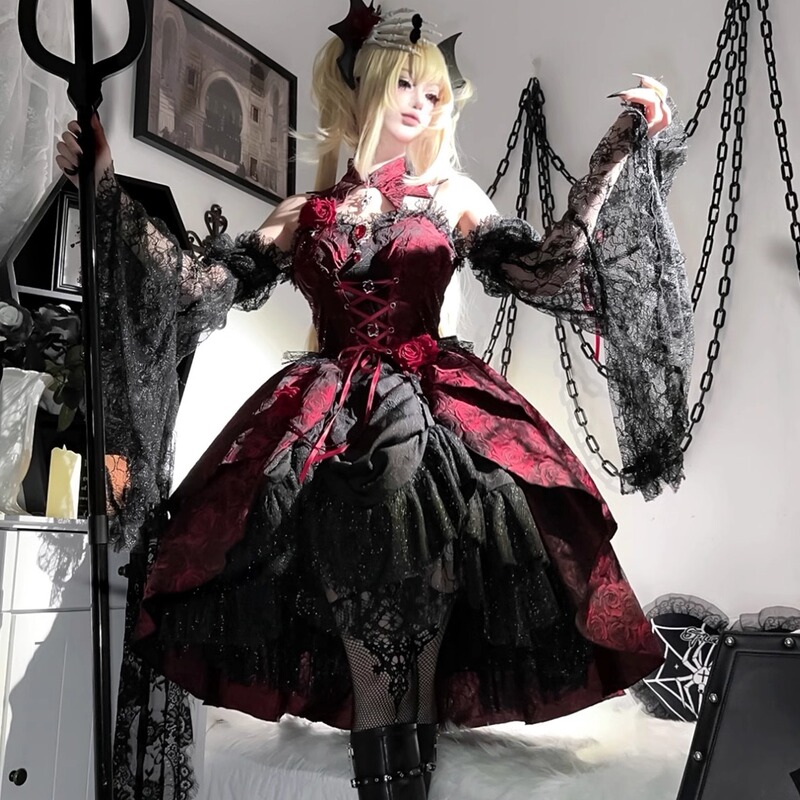 Matautu Original Rose Plate Lolita Daily Dark Gothic Style Lolita Dress with Sleeves Set