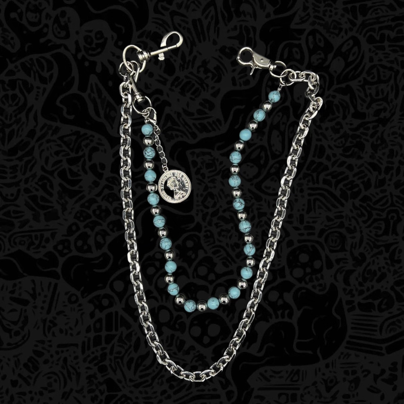 AVAVAVA blue background black pattern turquoise handmade beaded trouser chain retro street single side detachable pendant diy accessories