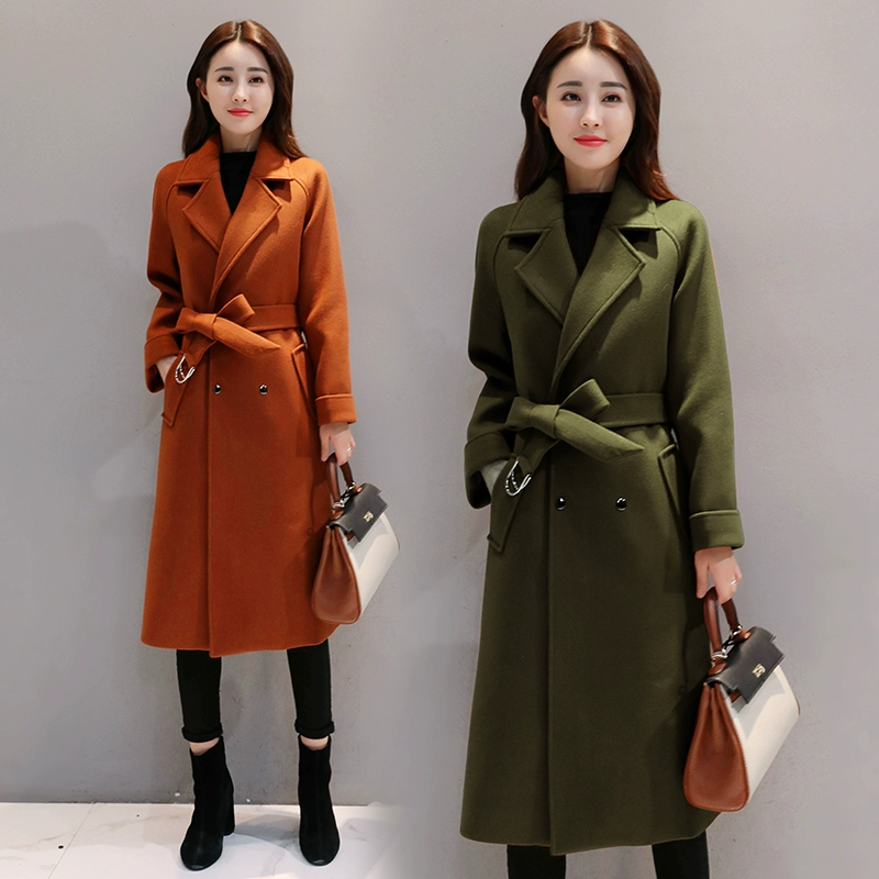 Mùa thu và mùa đông phong cách mới áo cashmere giữa chiều dài giảm béo eo thắt lưng thả vai áo len đôi ngực phụ nữ - Áo len lót đôi